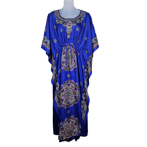 Kaftan Womens One Size Royal Blue Rhinestone Mandala Half Sleeve Long Colorful - Picture 1 of 16